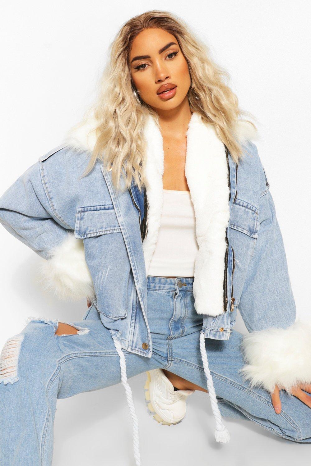 Faux Fur Trim Oversized Denim Jacket boohoo DK